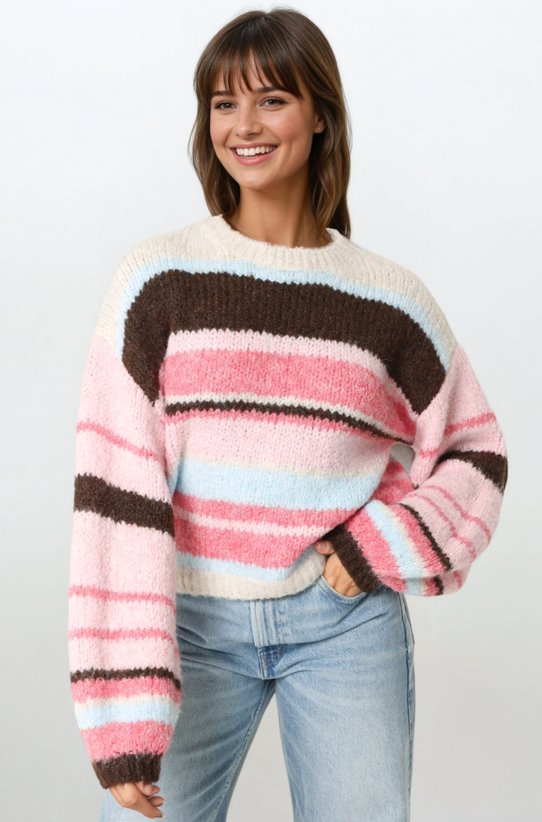 Kolorowy sweter w paski z bufiastymi rękawami i domieszką wełny PINK