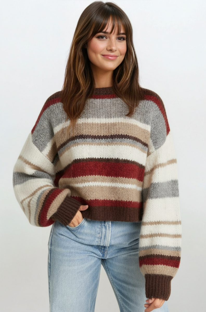 Kolorowy sweter w paski z bufiastymi rękawami i domieszką wełny CHOCOLATE