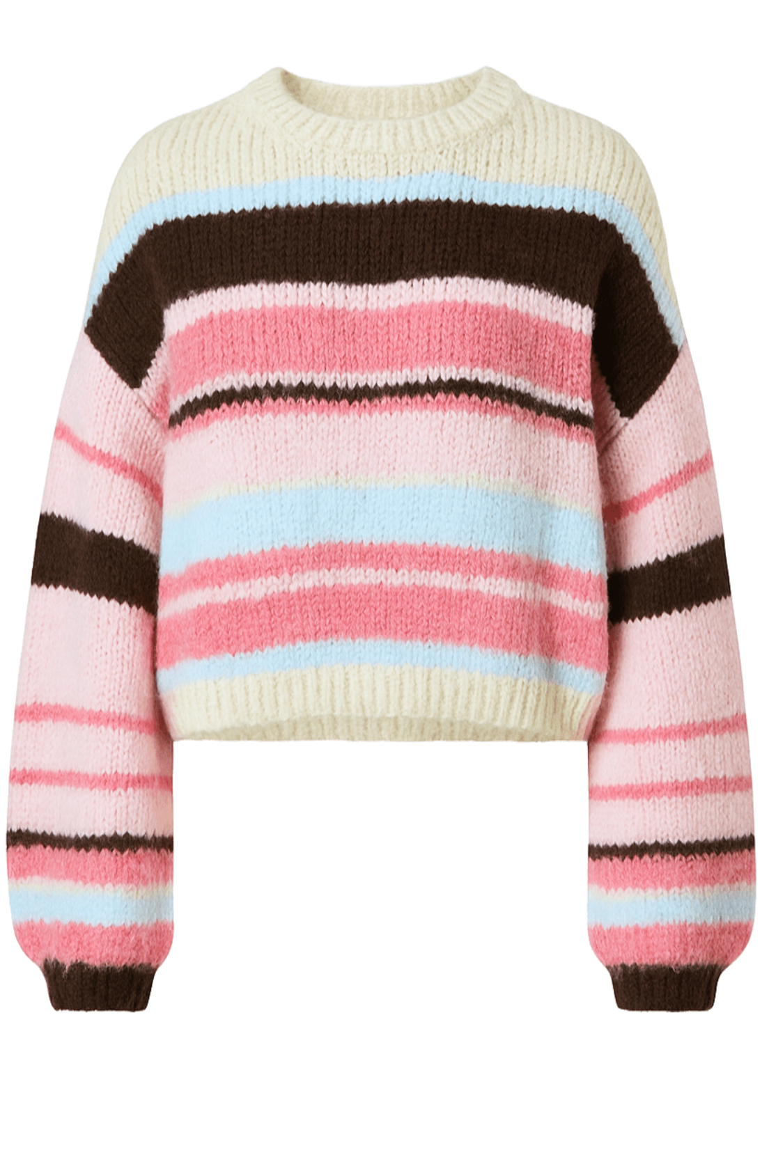 Kolorowy sweter w paski z bufiastymi rękawami i domieszką wełny PINK
