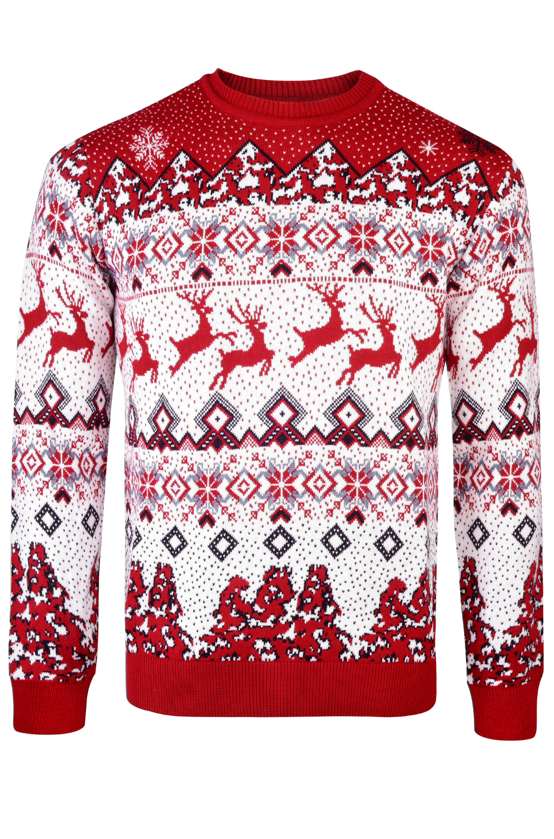 Męski sweter świąteczny w skaczące renifery czerwony