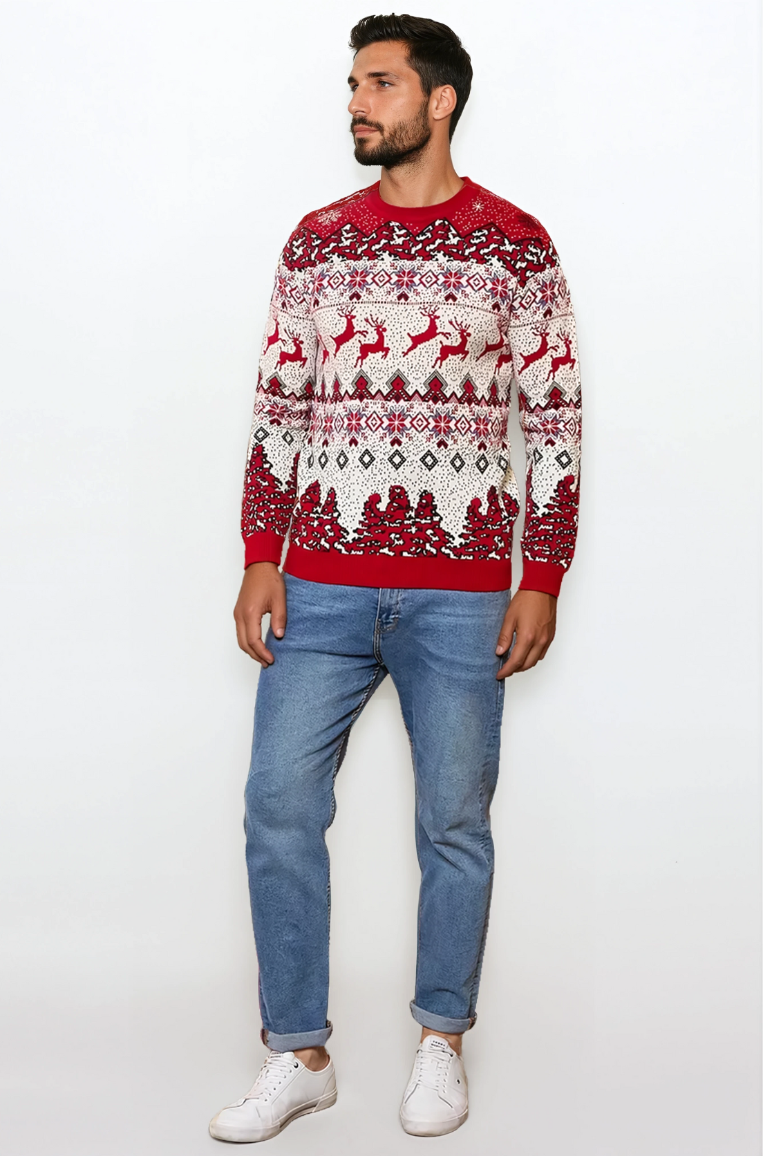 Męski sweter świąteczny w skaczące renifery czerwony